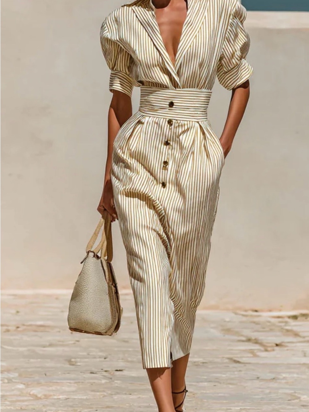 MODESEES Striped Cream & Tan Button-Front Midi Dress with Waist Cinch